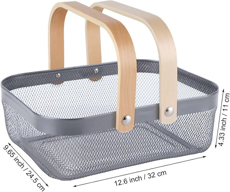 AJIODA Metal Mesh Steel Basket, Storage Organizer Basket Garden Harvest Basket Multi-functional Kitchen Fruit Baskets Bin with Wooden Handle for Bathroom Picnic Shopping Decor Cabinet Home, Grey - Image 2